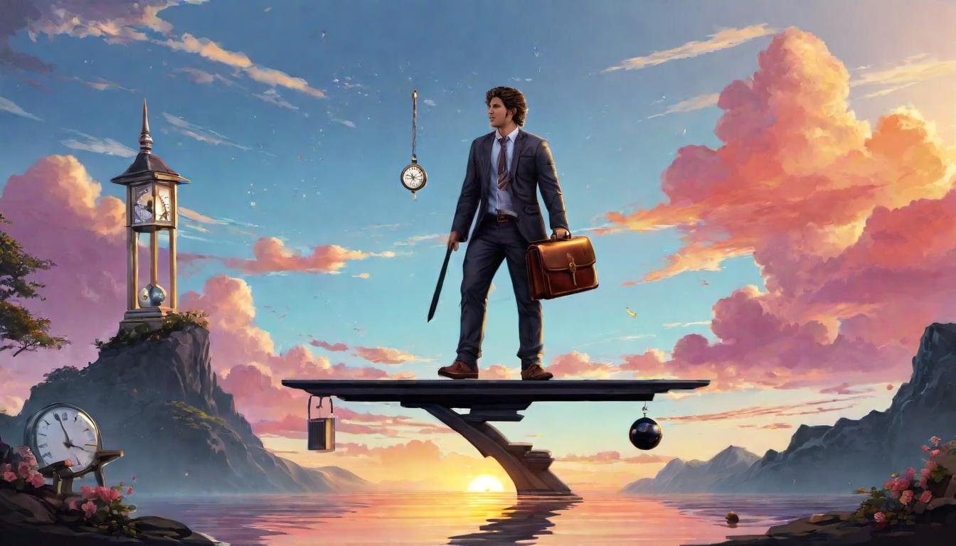  digital illustration, 1person, standing on a balance scale, with various symbols of life (e.g., book, briefcase, clock) on either side, serene expression, sunset background, equilibrium, balance, looking at viewer, dynamic pose, (intricate details, masterpiece, best quality)