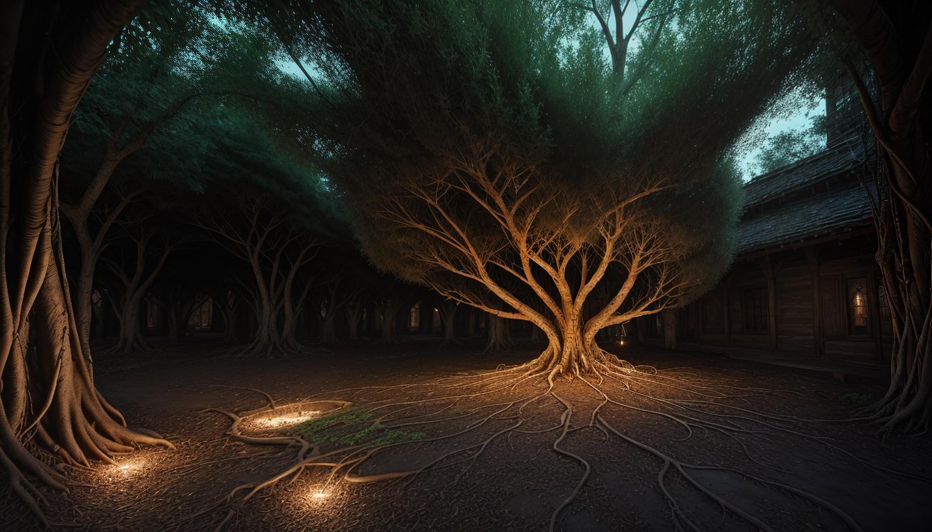  cinematic, aesthetic, Intricate web of roots, intertwining, growing from a central heart, roots detailed with veins and textures, heart glowing, veins radiating outward, deeply connected, organic, fundamental values, 4k, HDR, lens flare