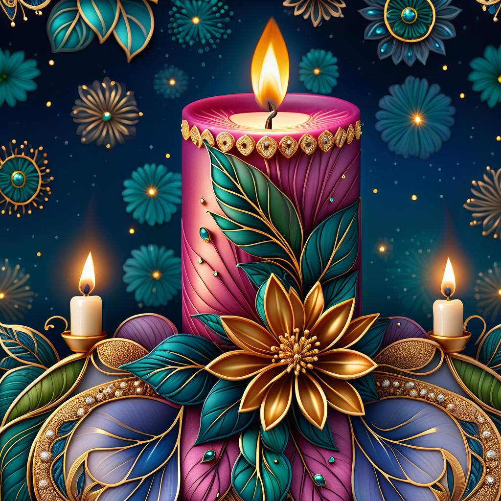  zentangle (Background):Dark blue night sky. In the sky turquoise golden stars and emerald fireworks. There are three candles on the background of the night sky. In the centre one is tall, on the sides wide and lower. (First candle decor)::pink framed with gold patterns and swirls of drops. In the middle of the candle is a flower bud and stem with emerald coloured leaves. Under the flower the candle is tied with a ribbon of blue blue colour. (Second and third candle decor):purple colour, framed with golden drops. In the middle is a purple coloured flower bud and stems with emerald coloured leaves. Zentangle have the signature uneven edge and rounded corners. The original tiles are in the form of geometric shapes: square, triangle, rectangle  hyperrealistic, full body, detailed clothing, highly detailed, cinematic lighting, stunningly beautiful, intricate, sharp focus, f/1. 8, 85mm, (centered image composition), (professionally color graded), ((bright soft diffused light)), volumetric fog, trending on instagram, trending on tumblr, HDR 4K, 8K