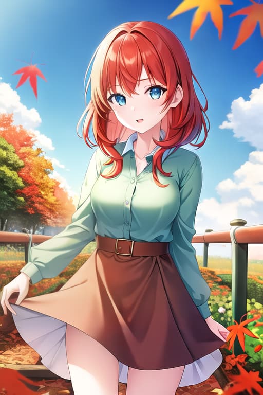  1girl, brown hair, green eyes, colorful, autumn, cumulonimbus clouds, lighting, blue sky, falling leaves, garden, (( Girl )), (( energetic eyes )), (( aqua blue eyes )), (( copper red hair )), (( fully-clothed attire ))