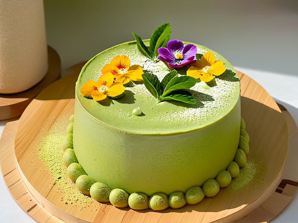  An ultradetailed image of a delicate matcha green tea cake topped with vibrant edible flowers, dusted with powdered matcha, set on a sleek, modern white plate against a soft, blurred background of a Japanese tea garden with bonsai trees and a traditional wooden tea house. The cake's texture is visible down to the finest crumb, the green hue of the matcha is rich and inviting, and the flowers add a pop of color that contrasts beautifully with the serene setting. hyperrealistic, full body, detailed clothing, highly detailed, cinematic lighting, stunningly beautiful, intricate, sharp focus, f/1. 8, 85mm, (centered image composition), (professionally color graded), ((bright soft diffused light)), volumetric fog, trending on instagram, trending on tumblr, HDR 4K, 8K