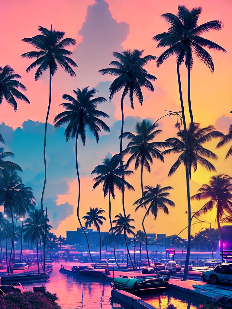 nvinkpunk a pinkish orange sunset and a blue ocean with palm trees hyperrealistic, full body, detailed clothing, highly detailed, cinematic lighting, stunningly beautiful, intricate, sharp focus, f/1. 8, 85mm, (centered image composition), (professionally color graded), ((bright soft diffused light)), volumetric fog, trending on instagram, trending on tumblr, HDR 4K, 8K