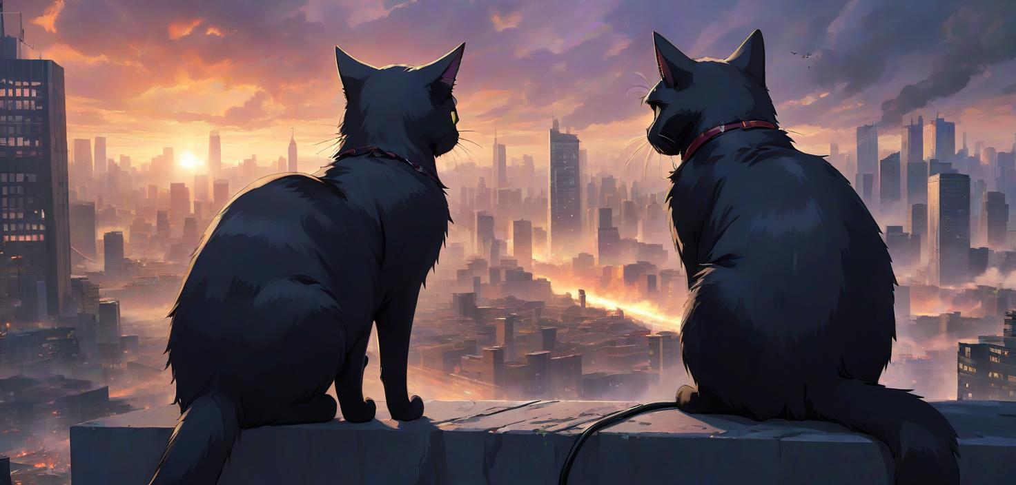  anime artwork A black cat is looking at an apocalyptic city. . anime style, key visual, vibrant, studio anime, highly detailed hyperrealistic, full body, detailed clothing, highly detailed, cinematic lighting, stunningly beautiful, intricate, sharp focus, f/1. 8, 85mm, (centered image composition), (professionally color graded), ((bright soft diffused light)), volumetric fog, trending on instagram, trending on tumblr, HDR 4K, 8K