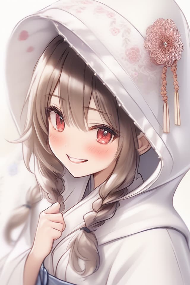  (Wearing a hood made of white fabric) (Smile) fluffy Illustration CE, Japanese Bride, Japanese Bridal GOWN, WHITE KIMONO WITH SILVER EMBROIDY. Cotton Hat, Eyes Hidden, ONLY MOUTH VISIBLE.