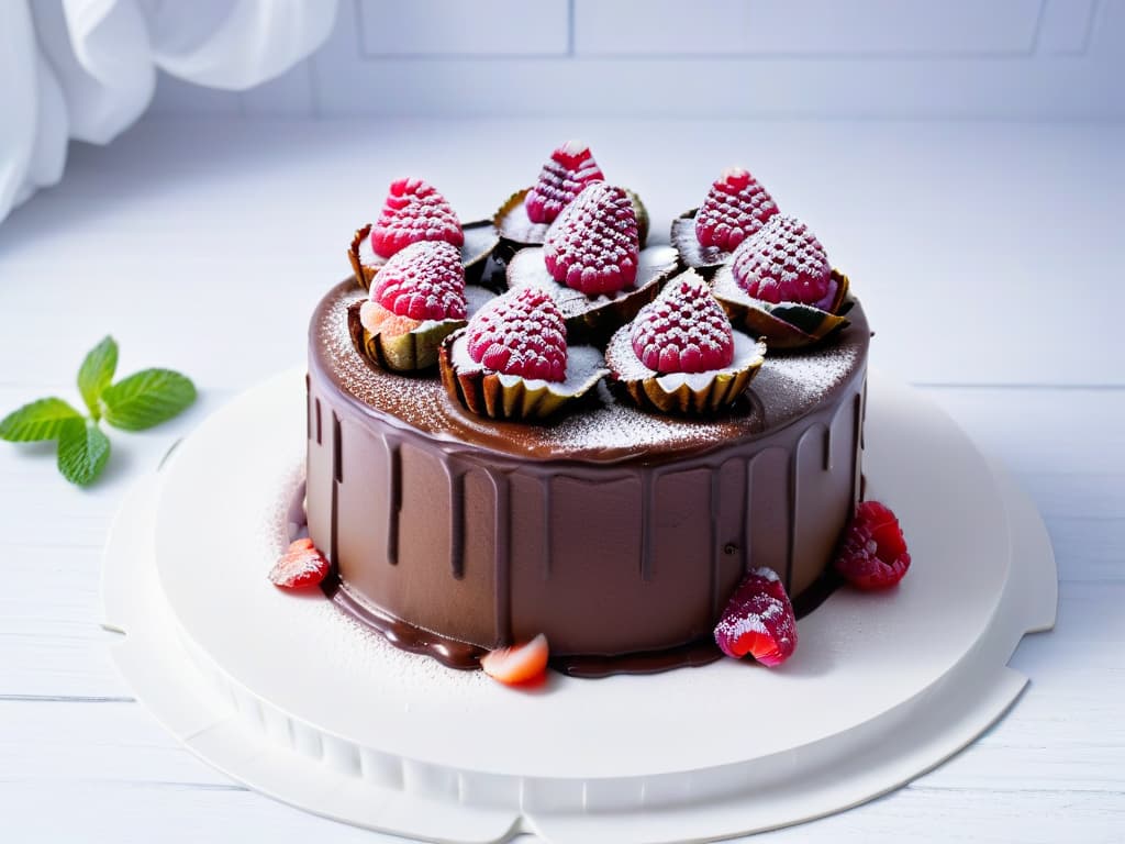  An ultradetailed image of a decadent vegan organic chocolate cake adorned with fresh raspberries and mint leaves on a sleek white ceramic plate, set against a soft, blurred background highlighting the rich textures and vibrant colors of the dessert. hyperrealistic, full body, detailed clothing, highly detailed, cinematic lighting, stunningly beautiful, intricate, sharp focus, f/1. 8, 85mm, (centered image composition), (professionally color graded), ((bright soft diffused light)), volumetric fog, trending on instagram, trending on tumblr, HDR 4K, 8K