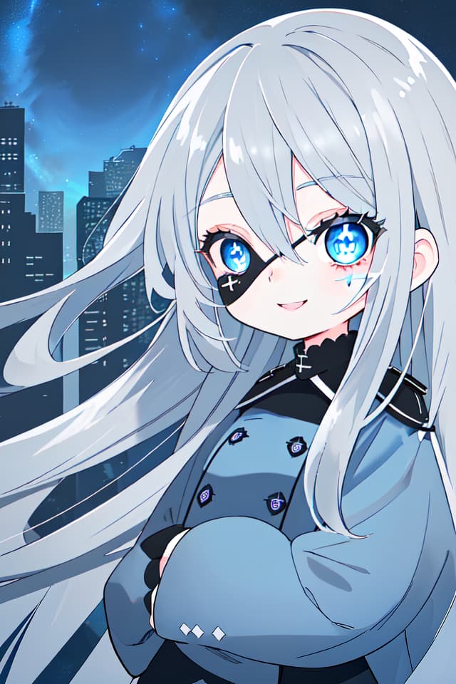  , long gray hair, big eyes, slightly blue uniform, black eye patch, blue eyes, night view, middle two illness, smiling, big s