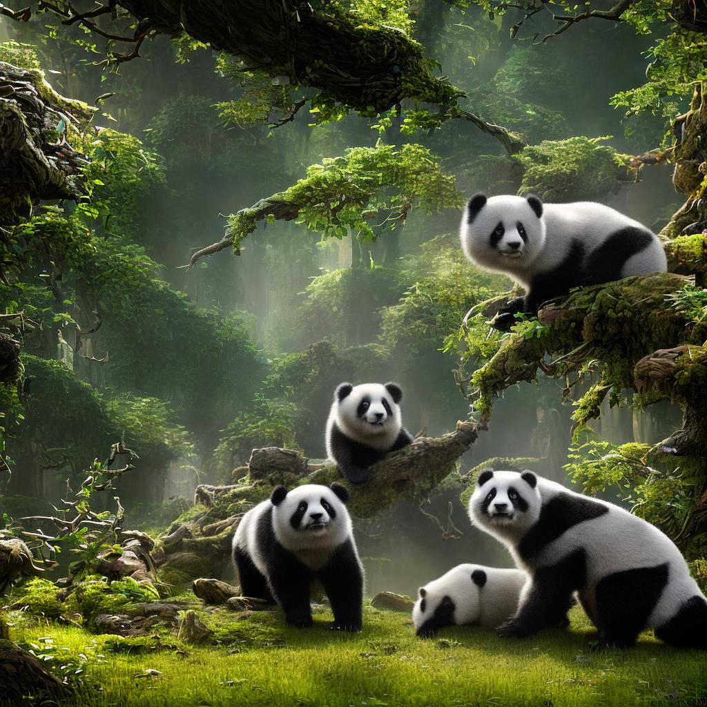  A ((masterpiece)) of a ((highly detailed)) and ((ultra-detailed)) 8k image depicting a fierce battle between a panda and a dog. The scene showcases the panda and dog engaged in an intense fight in a ((forest clearing)), surrounded by towering trees and lush vegetation. The panda, with its ((striking black and white fur)), fiercely defends itself against the aggressive dog, which snarls with bared teeth. The ((dappled sunlight)) filters through the canopy, casting a beautiful play of light and shadow on the ground. The vibrant colors of the scene bring the battle to life, with the panda's fur contrasting against the dog's fur and the rich greenery. The viewer can almost feel the tension and energy in the air as these two powerful creatures c hyperrealistic, full body, detailed clothing, highly detailed, cinematic lighting, stunningly beautiful, intricate, sharp focus, f/1. 8, 85mm, (centered image composition), (professionally color graded), ((bright soft diffused light)), volumetric fog, trending on instagram, trending on tumblr, HDR 4K, 8K
