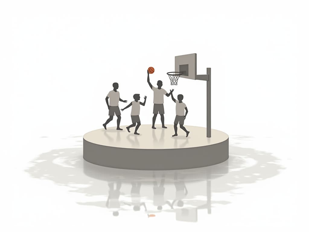  players playing basketball on playground island, vector, illustraction, white background