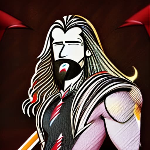  Thor as guard with long hair beard is standing front dark background with lightning bolt