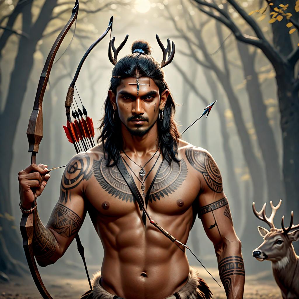  (best quality, masterpiece), (((high detail))), Handsome Indian with beautiful tribal tattoos holding a bow and arrow and pointing at a deer