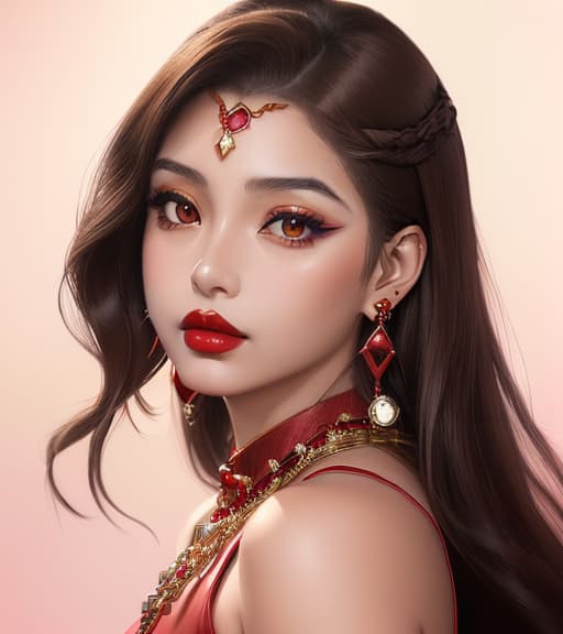  anime artwork (((1girl, brown eyes, closed mouth, earrings, face, jewelry, lips, lipstick, long hair, looking at viewer, makeup, portrait, red lips, solo))) . anime style, key visual, vibrant, studio anime, highly detailed