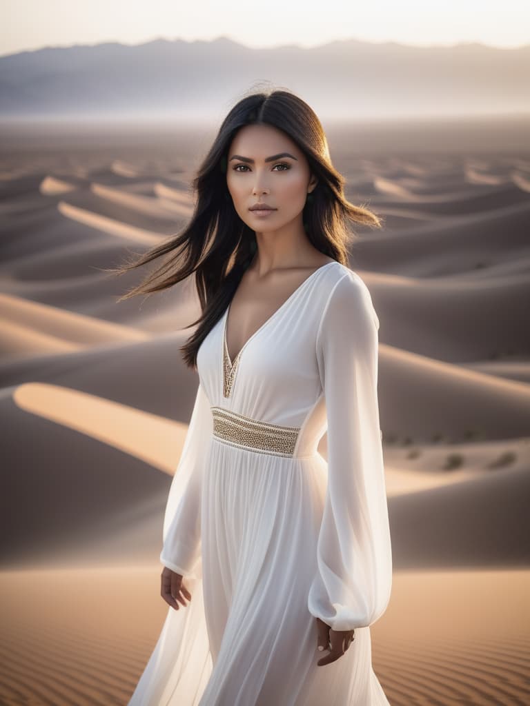  Half body portrait,Beautiful white Asian girl in Solid White Color Bohemian Casual Maxi Ankle length dress, standing in Desert,black hair, look at to camera, cinematic lighting, stunningly beautiful, intricate, sharp focus, f/1. 8, 85mm, (professionally color graded), ((bright soft diffused light)), volumetric fog, trending on instagram, trending on tumblr, HDR 4K, 8K hyperrealistic, full body, detailed clothing, highly detailed, cinematic lighting, stunningly beautiful, intricate, sharp focus, f/1. 8, 85mm, (centered image composition), (professionally color graded), ((bright soft diffused light)), volumetric fog, trending on instagram, trending on tumblr, HDR 4K, 8K