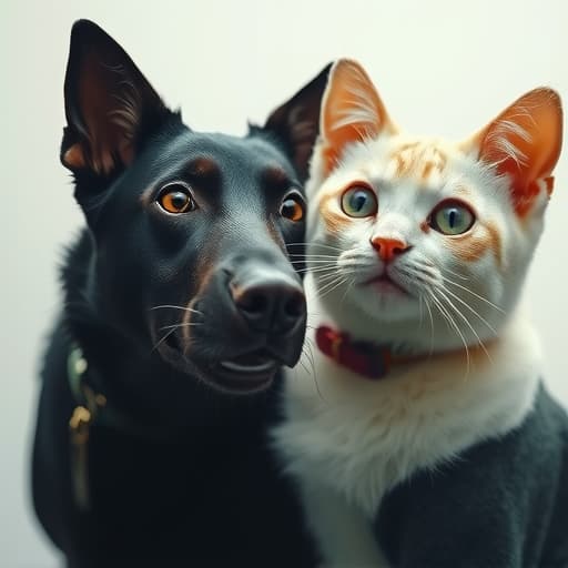  a white cat and black dog hyperrealistic, full body, detailed clothing, highly detailed, cinematic lighting, stunningly beautiful, intricate, sharp focus, f/1. 8, 85mm, (centered image composition), (professionally color graded), ((bright soft diffused light)), volumetric fog, trending on instagram, trending on tumblr, HDR 4K, 8K