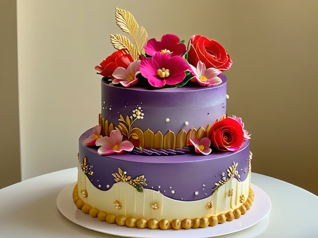  A closeup, ultradetailed image of a vibrant, intricately decorated threetiered cake featuring elaborate floral designs, delicate piping work, and shimmering edible gold accents. The cake is set against a clean, modern backdrop, showcasing its exquisite details and precise craftsmanship. Every petal, swirl, and shimmer is captured in stunning clarity, highlighting the artistry and skill of the pastry chef who created this masterpiece. hyperrealistic, full body, detailed clothing, highly detailed, cinematic lighting, stunningly beautiful, intricate, sharp focus, f/1. 8, 85mm, (centered image composition), (professionally color graded), ((bright soft diffused light)), volumetric fog, trending on instagram, trending on tumblr, HDR 4K, 8K