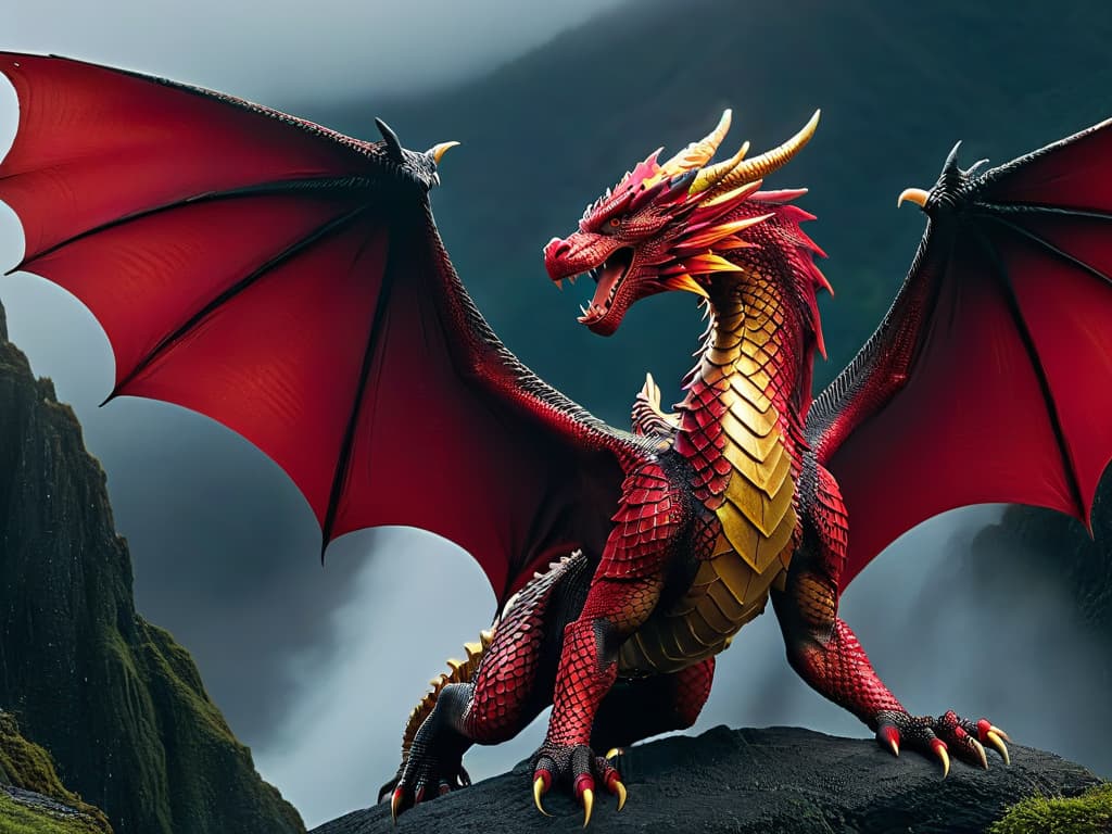  An intricate, highly detailed illustration of a majestic dragon, featuring iridescent scales shimmering in shades of crimson, gold, and black. The dragon is depicted in midflight, with its wings outstretched and flames dancing gracefully from its mouth. The background is a subtle blend of dark hues, emphasizing the powerful silhouette of the mythical creature. hyperrealistic, full body, detailed clothing, highly detailed, cinematic lighting, stunningly beautiful, intricate, sharp focus, f/1. 8, 85mm, (centered image composition), (professionally color graded), ((bright soft diffused light)), volumetric fog, trending on instagram, trending on tumblr, HDR 4K, 8K