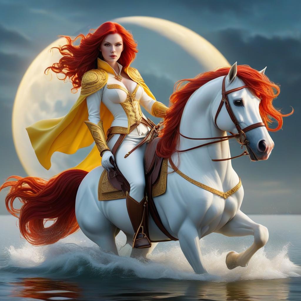  concept art A in a yellow cape and with long red hair rides on a white spectral horse across the water in the background of a moon. . digital artwork, ilrative, painterly, matte painting, highly detailed hyperrealistic, full body, detailed clothing, highly detailed, cinematic lighting, stunningly beautiful, intricate, sharp focus, f/1. 8, 85mm, (centered image composition), (professionally color graded), ((bright soft diffused light)), volumetric fog, trending on instagram, trending on tumblr, HDR 4K, 8K