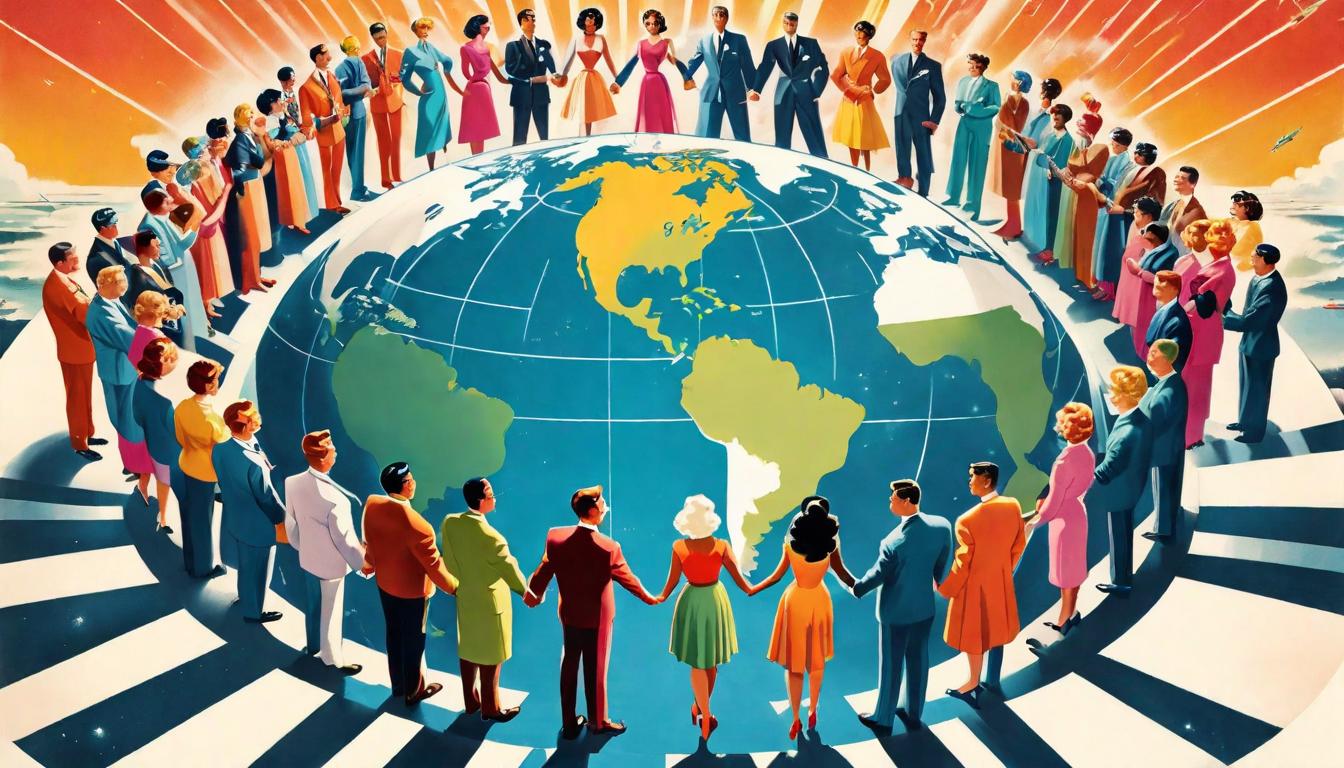  retro futuristic Diverse group of people standing in a circle around the globe, holding hands, continents and oceans visible beneath, unity in diversity, collective responsibility lvintage sci fi, 50s and 60s style, atomic age, vibrant, highly detailed