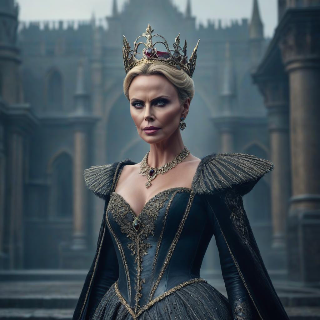  The Evil Queen. Charlize Theron. hyperrealistic, full body, detailed clothing, highly detailed, cinematic lighting, stunningly beautiful, intricate, sharp focus, f/1. 8, 85mm, (centered image composition), (professionally color graded), ((bright soft diffused light)), volumetric fog, trending on instagram, trending on tumblr, HDR 4K, 8K