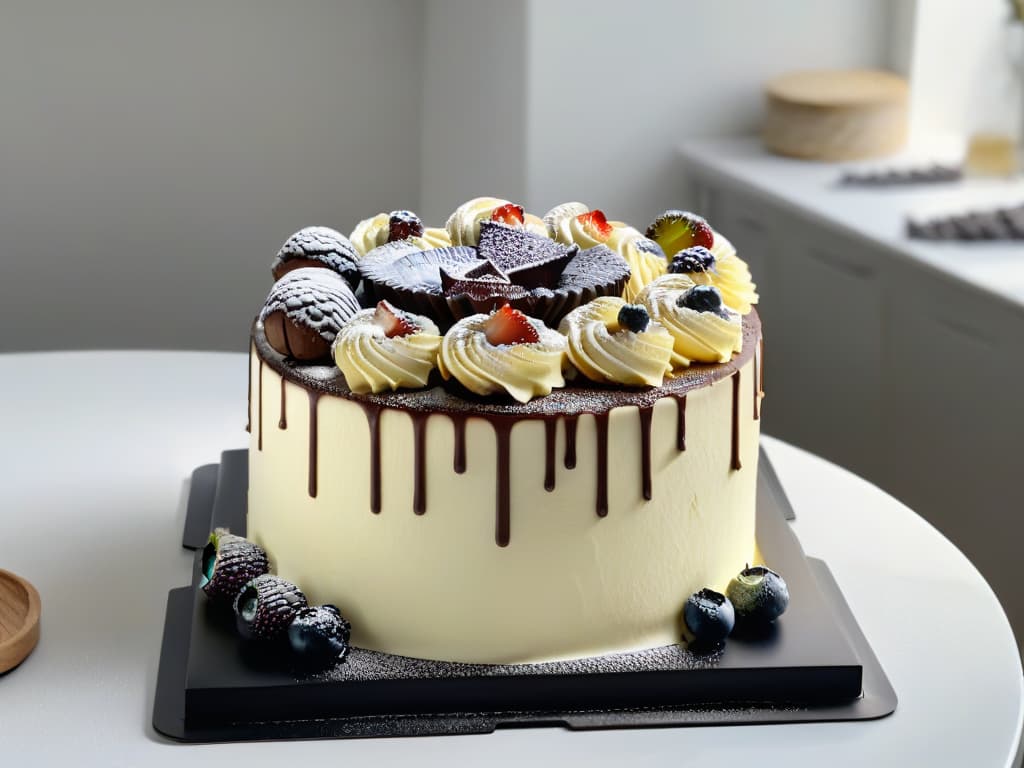  An ultradetailed, 8k resolution image of a sleek, modern kitchen with a pristine marble countertop, adorned with a curated selection of highend baking tools neatly organized. A ray of soft, natural light highlights the intricate details of a beautifully frosted cake standing as the centerpiece, surrounded by bowls of fresh berries, vanilla pods, and artisanal chocolate bars. The image exudes elegance and sophistication, appealing to aspiring pastry chefs seeking a refined and serene cooking environment for their culinary retreats. hyperrealistic, full body, detailed clothing, highly detailed, cinematic lighting, stunningly beautiful, intricate, sharp focus, f/1. 8, 85mm, (centered image composition), (professionally color graded), ((bright soft diffused light)), volumetric fog, trending on instagram, trending on tumblr, HDR 4K, 8K