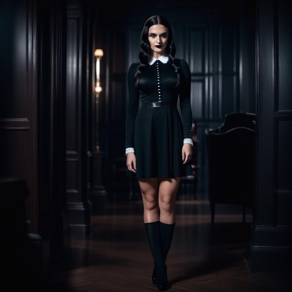  cinematic film still Sexy woman as wednesday addams, muscular legs, cosplay, black dress, dark interior, full body shot, 8k, high quality . shallow depth of field, vignette, highly detailed, high budget, bokeh, cinemascope, moody, epic, gorgeous, film grain, grainy