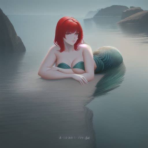  Mermaid , siren core , short red hair , bangs , round face hyperrealistic, full body, detailed clothing, highly detailed, cinematic lighting, stunningly beautiful, intricate, sharp focus, f/1. 8, 85mm, (centered image composition), (professionally color graded), ((bright soft diffused light)), volumetric fog, trending on instagram, trending on tumblr, HDR 4K, 8K