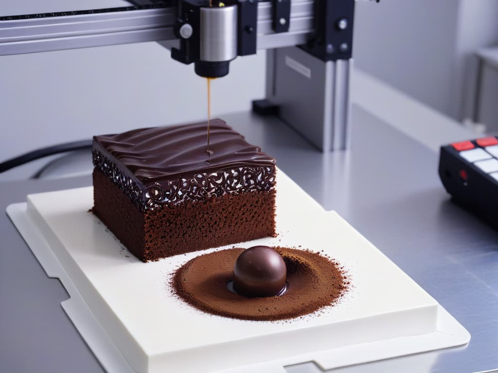  An ultradetailed image of a sophisticated 3D printer in action, meticulously crafting intricate chocolate dessert decorations in a professional bakery setting. The printer is surrounded by a variety of delectable chocolate treats in various stages of completion, showcasing the innovative use of 3D printing technology in the world of pastry arts. The precision of the printer's movements and the glossy sheen of the chocolate creations highlight the seamless fusion of traditional craftsmanship with cuttingedge techniques. hyperrealistic, full body, detailed clothing, highly detailed, cinematic lighting, stunningly beautiful, intricate, sharp focus, f/1. 8, 85mm, (centered image composition), (professionally color graded), ((bright soft diffused light)), volumetric fog, trending on instagram, trending on tumblr, HDR 4K, 8K