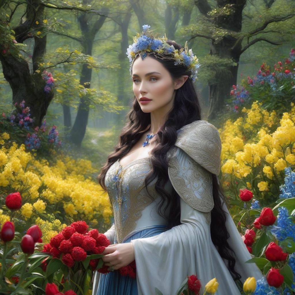  Luthien Tinuviel. A very pretty girl. Forest, silver crown on her forehead. ((Sparkling rim)): spring field, hyacinths, roses, rosehips, rose hips, peonies, cherry tree, yellow, red, black flowers, forget me nots. Elaborate body parts, high detail, high processing. Proper hand imaging. A very pretty girl in a fitted silver dress that is narrow at the top but widens at the bottom. Feronniere. Flying ball gown, lightweight. Silk satin dress. A tiara on her forehead, wavy black hair, clear gray eyes. In the eyes of wisdom, beauty, nobility. Alfonso Mucha, Honoré Fargonard. hyperrealistic, full body, detailed clothing, highly detailed, cinematic lighting, stunningly beautiful, intricate, sharp focus, f/1. 8, 85mm, (centered image composition), (professionally color graded), ((bright soft diffused light)), volumetric fog, trending on instagram, trending on tumblr, HDR 4K, 8K