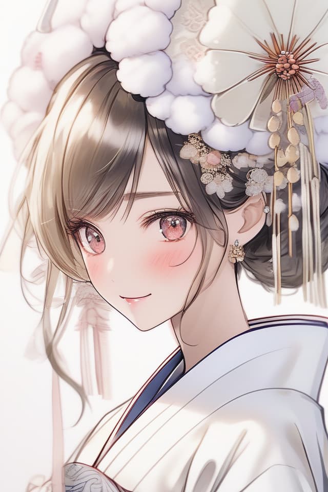  (Bride in a white kimono) FLUFFY Illustration (JAPANESE BRIDE with FLUFFY COTTON HEADBAND ON HEAD) Masterpiece, Japanese Bride, Japan Bridal Gown, White Kimono with Silver Embroidery. Cotton Hat, Eyes Hidden, only Mouth Visible.