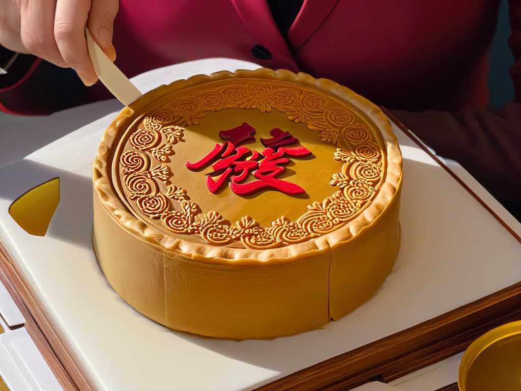  A closeup, ultradetailed image of a pair of hands meticulously crafting a traditional Chinese mooncake, showcasing intricate patterns being pressed onto the dough with a wooden mold. The hands are skillfully maneuvering the mold with precision, capturing every delicate detail of the mooncake design. The image focuses on the craftsmanship and artistry involved in the process, highlighting the cultural significance and meticulous care required in the perfect elaboration of these iconic treats. hyperrealistic, full body, detailed clothing, highly detailed, cinematic lighting, stunningly beautiful, intricate, sharp focus, f/1. 8, 85mm, (centered image composition), (professionally color graded), ((bright soft diffused light)), volumetric fog, trending on instagram, trending on tumblr, HDR 4K, 8K