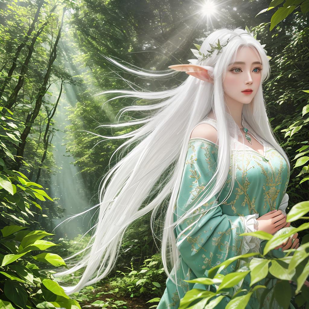  masterpiece, best quality, (masterpiece, best quality, high quality, super detail), realism, 1 sweet , bigger,(side id:1.1), long hair,((white hair)), leaf hair accessory, elf, green eyes, delicate skin, body, jewelry, white , celet,(away from sight:1.2),(hair floating:1.3), from the side,(in forest:1.3),(lens flare from right:1.2)