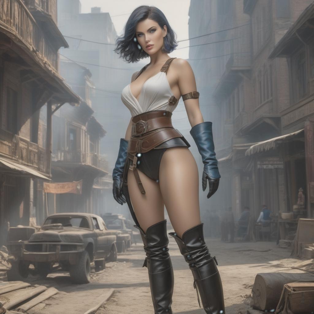  A , a goddess with large s, short hair, blue eyes, a leather belt around her waist, long leather gloves on her hands, and high leather boots on her feet. Note: While I've tried to preserve the original sentence structure as much as possible for readability, slight adjustments may have been made for clarity or grammar. hyperrealistic, full body, detailed clothing, highly detailed, cinematic lighting, stunningly beautiful, intricate, sharp focus, f/1. 8, 85mm, (centered image composition), (professionally color graded), ((bright soft diffused light)), volumetric fog, trending on instagram, trending on tumblr, HDR 4K, 8K