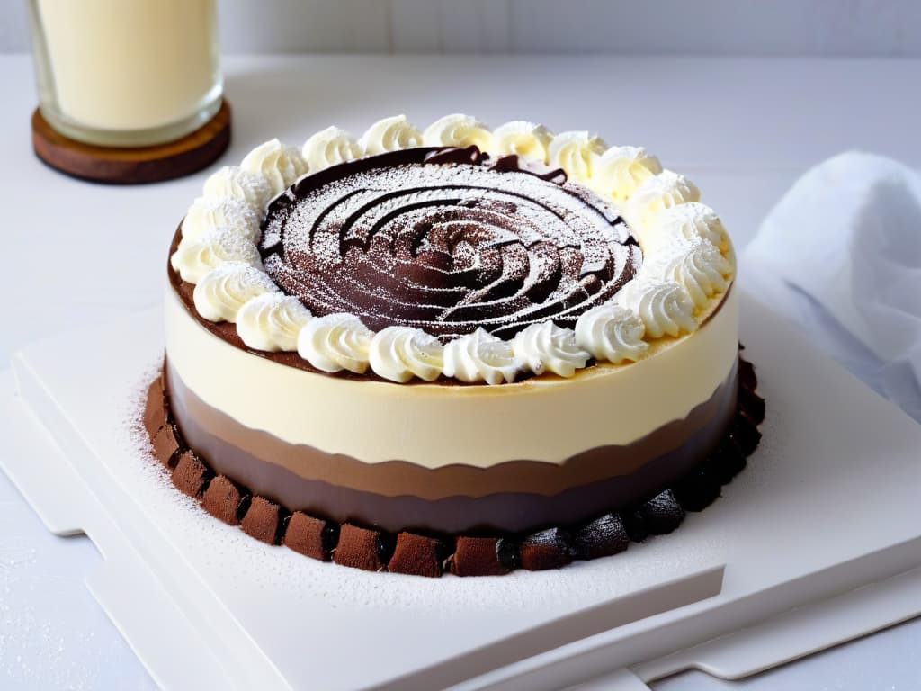  A closeup, ultrahighdefinition image of a perfectly layered tiramisú in a transparent glass dish, showcasing the delicate balance between the creamy mascarpone mixture and the espressosoaked ladyfingers. The layers are impeccably defined, with a dusting of rich cocoa powder on top adding a touch of elegance. The glass reflects the surrounding light, emphasizing the smooth texture of the dessert and creating a visually stunning contrast between the dark cocoa and the creamy mascarpone layers. hyperrealistic, full body, detailed clothing, highly detailed, cinematic lighting, stunningly beautiful, intricate, sharp focus, f/1. 8, 85mm, (centered image composition), (professionally color graded), ((bright soft diffused light)), volumetric fog, trending on instagram, trending on tumblr, HDR 4K, 8K