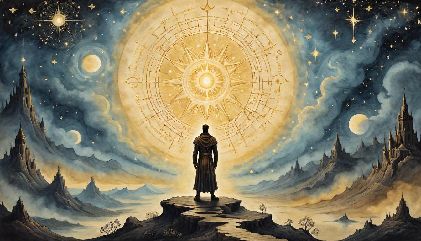  on parchment, surrealism+++, Golden, radiant aura surrounding a lone figure, intricate celestial patterns around the aura, figure standing tall under a dark, starry sky, commanding presence, divine energy, ethereal glow(mysterious, provocative, symbolic,muted color)+++