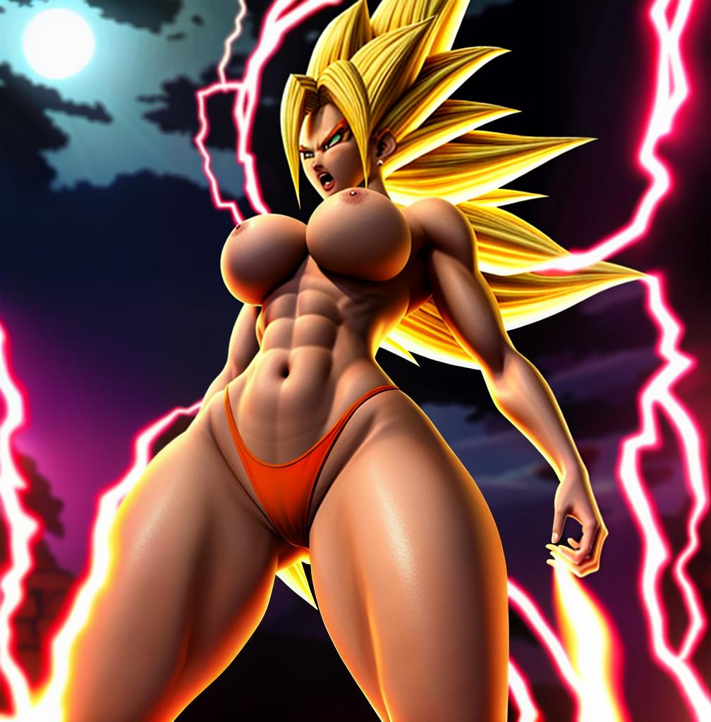  ((foto de cuerpo completo, pie plano, cuerpo recto)), ((laura {Super Super Saiyan mujer con grandes pechos})), ((lleva puesto son goku+Los disfraces de ella son extremadamente ajustados a su cuerpo.))