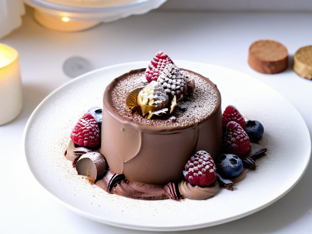  A closeup, ultradetailed image of a decadent chocolate mousse elegantly garnished with delicate gold leaf flakes, fresh raspberries, and a dusting of cocoa powder. The rich, creamy texture of the mousse is perfectly showcased against a sleek, white porcelain dessert plate, emphasizing the luxurious and indulgent nature of European desserts. hyperrealistic, full body, detailed clothing, highly detailed, cinematic lighting, stunningly beautiful, intricate, sharp focus, f/1. 8, 85mm, (centered image composition), (professionally color graded), ((bright soft diffused light)), volumetric fog, trending on instagram, trending on tumblr, HDR 4K, 8K