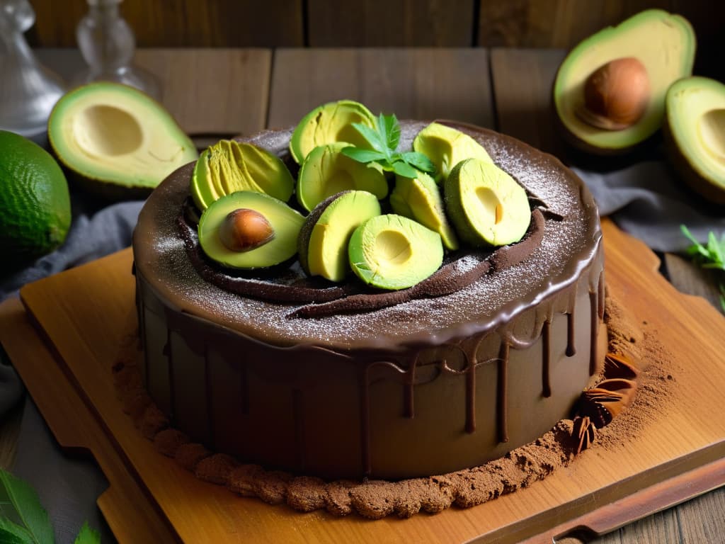  A photorealistic image of a decadent avocado chocolate cake with rich, creamy avocado frosting, topped with sliced fresh avocados and a dusting of cocoa powder. The cake is displayed on a rustic wooden table with soft, natural lighting enhancing the glossy texture of the frosting and the vibrant green hues of the avocados. The image captures the indulgent yet healthy nature of using avocados in baking, appealing to the senses and highlighting the innovative and delicious possibilities of incorporating avocados into desserts. hyperrealistic, full body, detailed clothing, highly detailed, cinematic lighting, stunningly beautiful, intricate, sharp focus, f/1. 8, 85mm, (centered image composition), (professionally color graded), ((bright soft diffused light)), volumetric fog, trending on instagram, trending on tumblr, HDR 4K, 8K