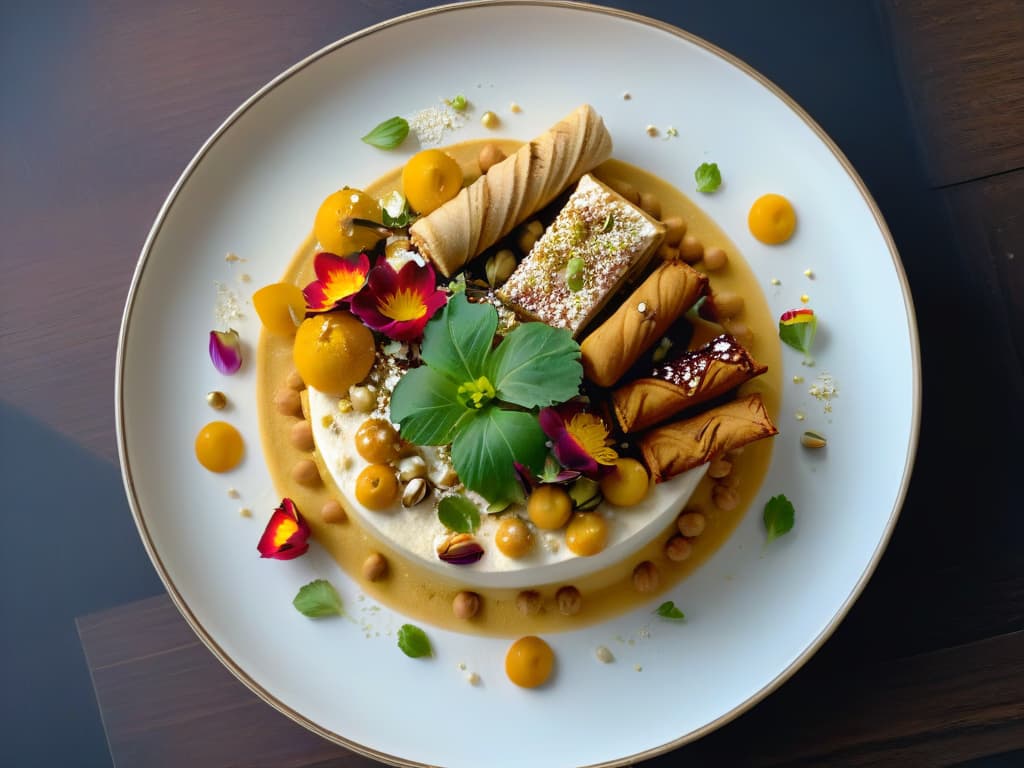  A vibrant and detailed image of a beautifully plated dessert dish showcasing a modern twist on traditional Fatteh made with garbanzos. The dish features layers of creamy hummus, crunchy roasted chickpeas, a drizzle of honey, and a sprinkle of pistachios and edible flowers on top. The colors are rich and inviting, with a play of textures that evoke a sense of luxury and innovation. The presentation is elegant and visually appealing, sure to captivate the audience's attention and spark interest in the unique recipe. hyperrealistic, full body, detailed clothing, highly detailed, cinematic lighting, stunningly beautiful, intricate, sharp focus, f/1. 8, 85mm, (centered image composition), (professionally color graded), ((bright soft diffused light)), volumetric fog, trending on instagram, trending on tumblr, HDR 4K, 8K