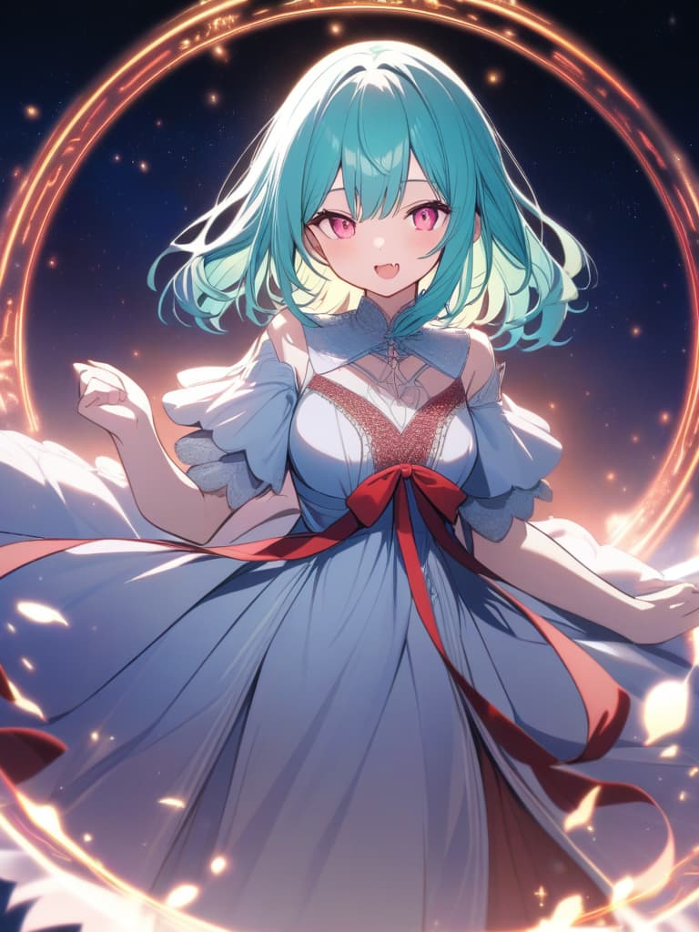  anime style,cute,magical ,upper,pink eyes body,dutch angel,magic effects,cute dress,gown,red ribbon,aqua hair, smile,(open mouth,fang),looking at viewer,particle,magic circle,((large :1.3,))((beautiful night sky)), masterpiece, best quality,8k,ultra detailed,high resolution,an extremely delicate and beautiful,hyper detail