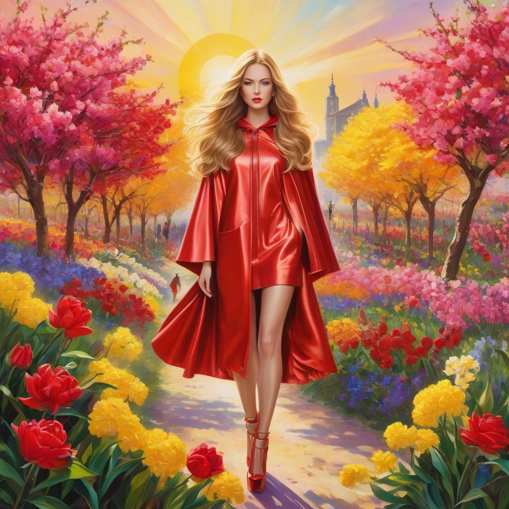  A masterpiece. A very beautiful girl. High elaboration, high detail. Golden brown hair. Girl on heels. Brown eyes. Golden hooded cloak. Behind nature, city. Bright colors. Sunlight. (Sparkling rim)): spring field, hyacinths, roses, rosehips, rose hips, peonies, cherry tree, yellow, red. Surrealist abstractionism. Alfonso Mucha, Honoré Fargonard. hyperrealistic, full body, detailed clothing, highly detailed, cinematic lighting, stunningly beautiful, intricate, sharp focus, f/1. 8, 85mm, (centered image composition), (professionally color graded), ((bright soft diffused light)), volumetric fog, trending on instagram, trending on tumblr, HDR 4K, 8K