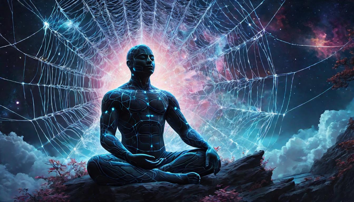  digital illustration A figure meditating, surrounded by a luminous web connecting to various elements of nature, profound connection, energy flow, visceral awakening, symbiosis with the universe looking at viewer, dynamic pose, (intricate details, masterpiece, best quality)