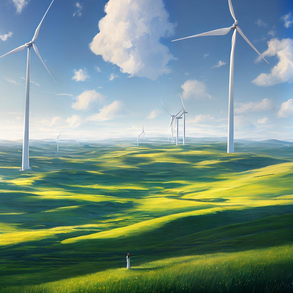  A scenic masterpiece with wind turbines on a green hill under a clear blue sky. The artwork is of the best quality, 8k resolution, and incredibly high detailed, showcasing the intricate beauty of the scene. The main subject of the painting is a girl standing near one of the turbines, captivated by the majestic view. The elements of the scene include the lush green hill, the towering wind turbines, the clear blue sky, fluffy white clouds, and a gentle breeze rustling the grass. The artist's style is realistic with a touch of impressionism, bringing life and movement to the artwork. The painting can be viewed on the artist's website, where it can be appreciated in its full glory. hyperrealistic, full body, detailed clothing, highly detailed, cinematic lighting, stunningly beautiful, intricate, sharp focus, f/1. 8, 85mm, (centered image composition), (professionally color graded), ((bright soft diffused light)), volumetric fog, trending on instagram, trending on tumblr, HDR 4K, 8K