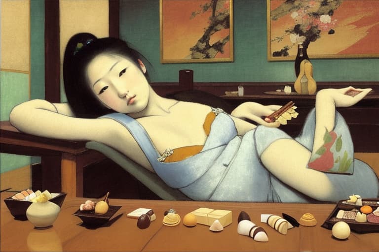  Beautiful young Japanese reclining on a dinner table, fine chocolates. Background is a Japanese restaurant. Painting style of Edgar Degas