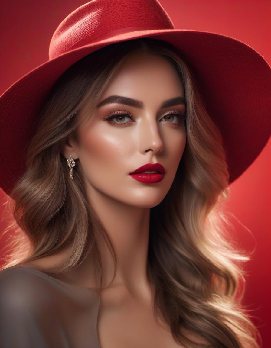  Fashion editorial style A portrait of a woman with wavy hair wearing a hat, with a red splash in the background giving a dramatic effec . High fashion, trendy, stylish, editorial, magazine style, professional, highly detailed hyperrealistic, full body, detailed clothing, highly detailed, cinematic lighting, stunningly beautiful, intricate, sharp focus, f/1. 8, 85mm, (centered image composition), (professionally color graded), ((bright soft diffused light)), volumetric fog, trending on instagram, trending on tumblr, HDR 4K, 8K