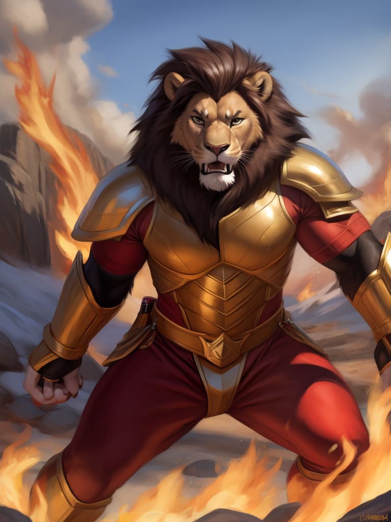  By chunie, by Meesh, portrait, full body, full view, photorealistic, solo, anthro, male, lion, scar on face, a lions fighting in a battlefield, holds a golden weapon, fighting, roaring, angry face:2, serious face:2, rage, enraged:2, red and gold armor:2, surrounded by flames, fireland, fire in background, ultra detailed flame, ultra detailed red and gold armor, sfw, thick body, muscular body, stare at the camera, open eyes, digital art, masterpiece, 4k, fine details,