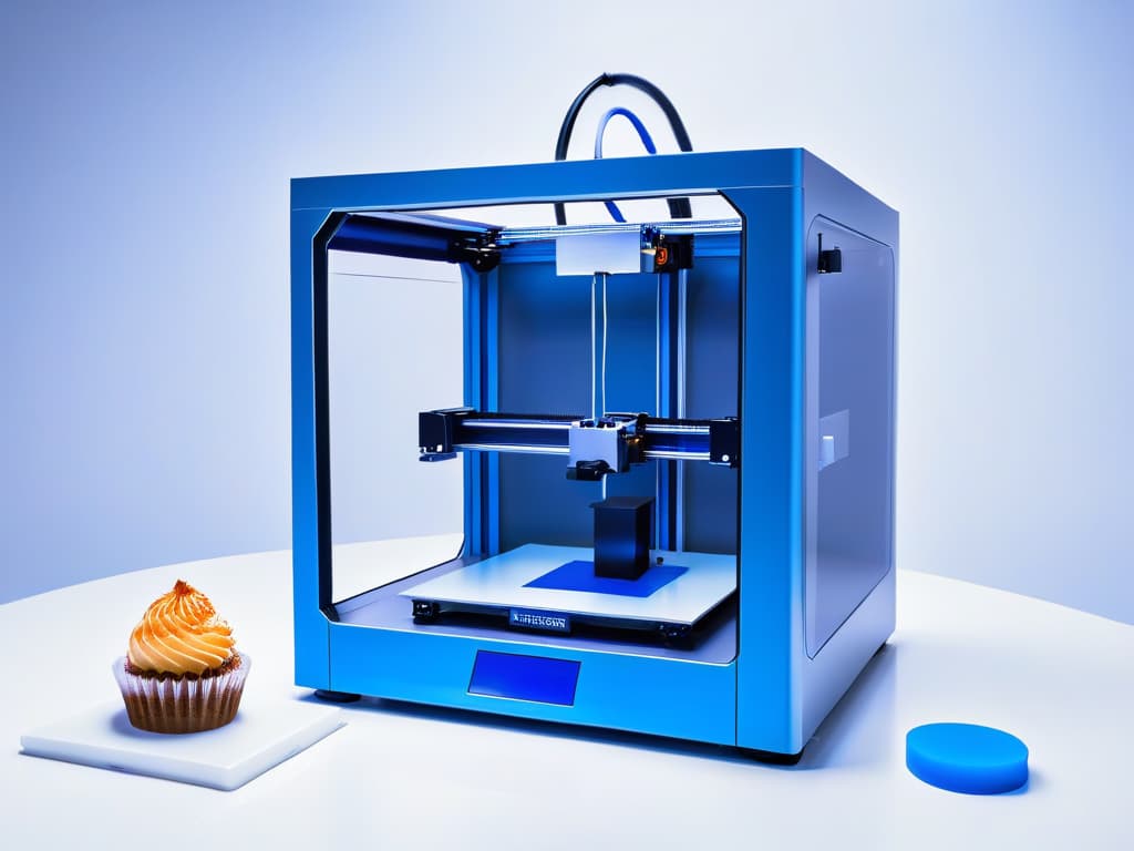  A sleek and minimalistic image of a 3D printer specifically designed for creating intricate dessert designs. The printer is shown in a clean, white color with subtle blue accents, highlighting its advanced technology. The background is a soft gradient that fades from light blue to white, enhancing the modern and professional look of the equipment. The image captures the precision and innovation of 3D printing technology for creating delicious and visually stunning desserts. hyperrealistic, full body, detailed clothing, highly detailed, cinematic lighting, stunningly beautiful, intricate, sharp focus, f/1. 8, 85mm, (centered image composition), (professionally color graded), ((bright soft diffused light)), volumetric fog, trending on instagram, trending on tumblr, HDR 4K, 8K