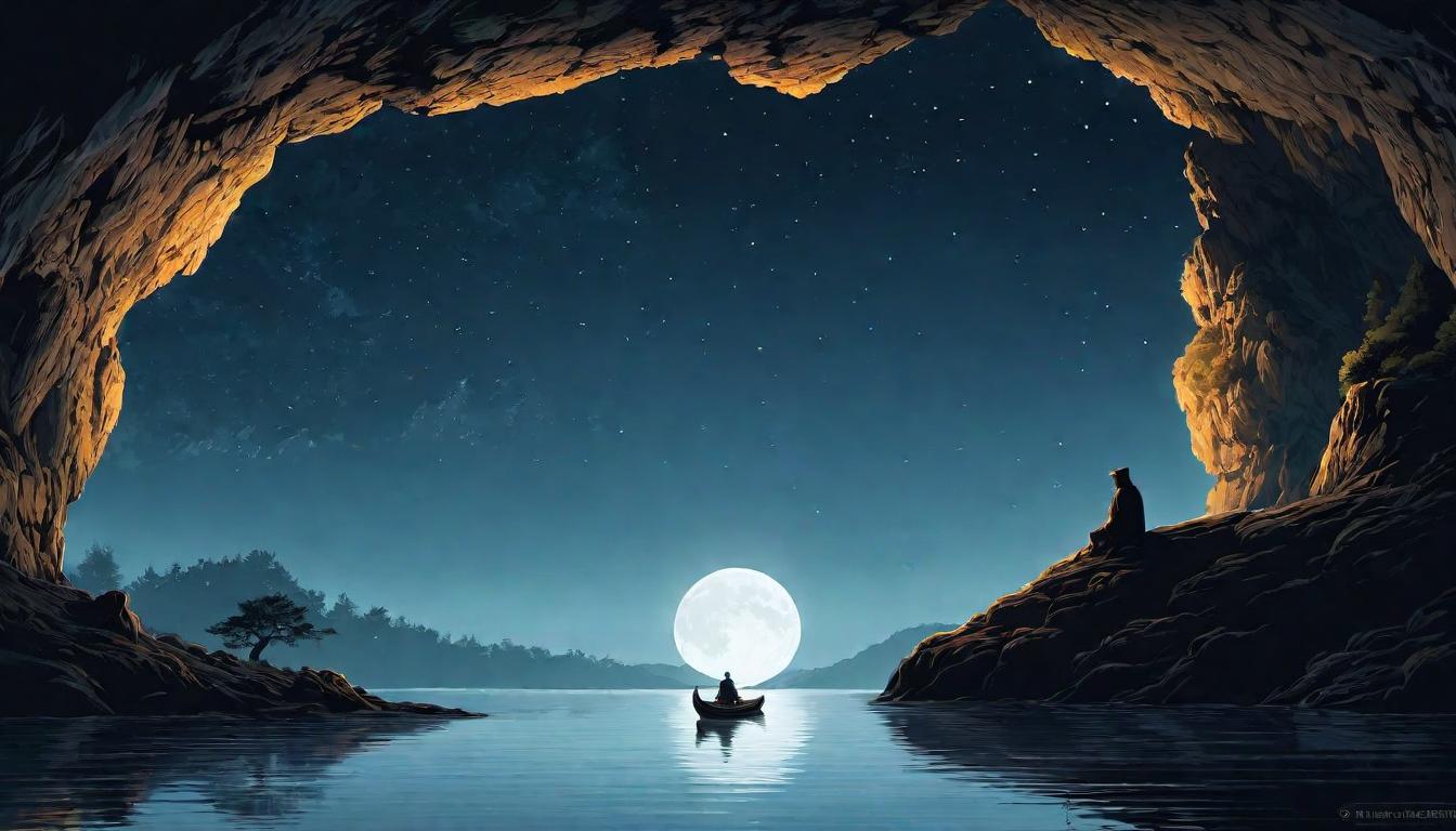  digital illustration, A shadowy figure gazes from a cave onto a tranquil lake under moonlight, isolation from society, reflective solitude, serene and introspective, looking at viewer, dynamic pose, (intricate details, masterpiece, best quality)