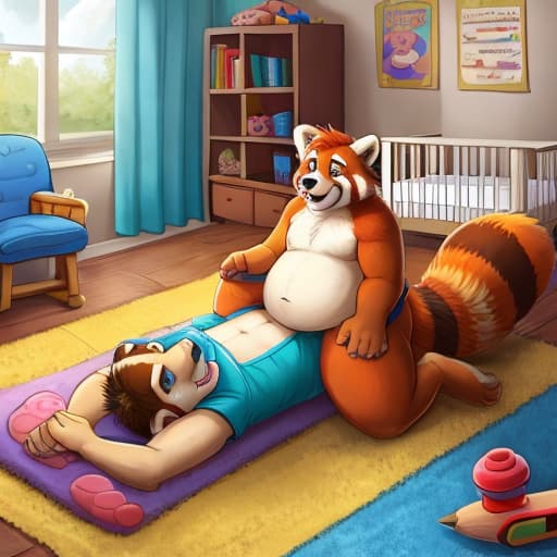  Red panda, incest, cub, young, chubby, , boy, dad, father and son, position, laying on back, visible ia, daycare, toys on ground, plushies, crib, crayons on floor, messy room, detailed background, , , feet up, size difference, cub domination, (small Dom), on top, on , (age difference), eyes closed, happy , by pandapaco, by iztli