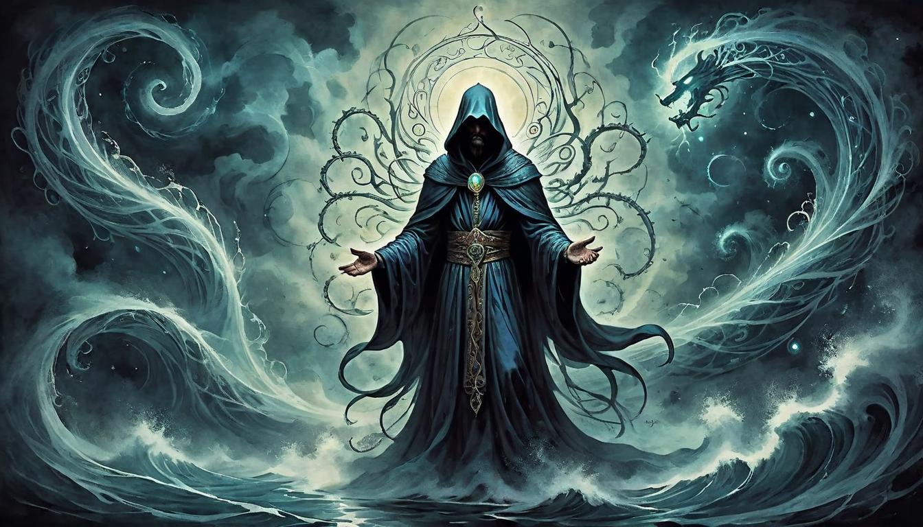  on parchment, surrealism+++, An ethereal figure, shrouded in mystic garments, stands amidst swirling streams of energy, tendrils of luminescent light emanating from their form, background of dark void, intense and mystical, power and mastery(mysterious, provocative, symbolic,muted color)+++