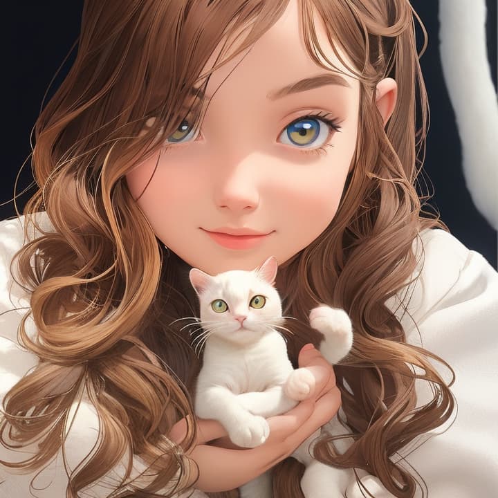 AI. I want you to create a picture of this girl holding a white kitty cat with only four legs in front of her with both hands.