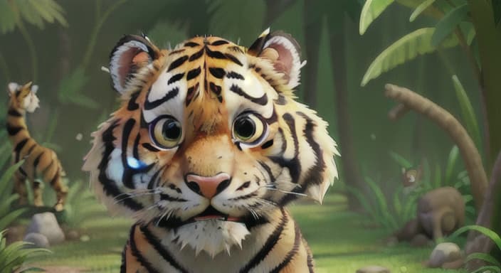  {Tiger looking around at the different animals in the jungle., Tiger is kind hearted with a playful nature. He has a loud, rumbling purr.